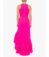 Betsy & Adam Stretch Deep V-Neck Sleeveless Tiered Ruffle Front Slit Gown