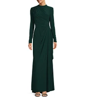 Betsy & Adam Stretch Jersey Side Drape Round Neck Long Sleeve Gown