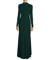 Betsy & Adam Stretch Jersey Side Drape Round Neck Long Sleeve Gown