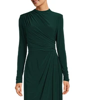 Betsy & Adam Stretch Jersey Side Drape Round Neck Long Sleeve Gown