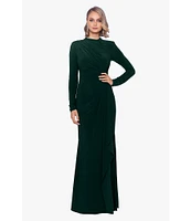 Betsy & Adam Stretch Jersey Side Drape Round Neck Long Sleeve Gown