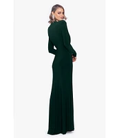 Betsy & Adam Stretch Jersey Side Drape Round Neck Long Sleeve Gown