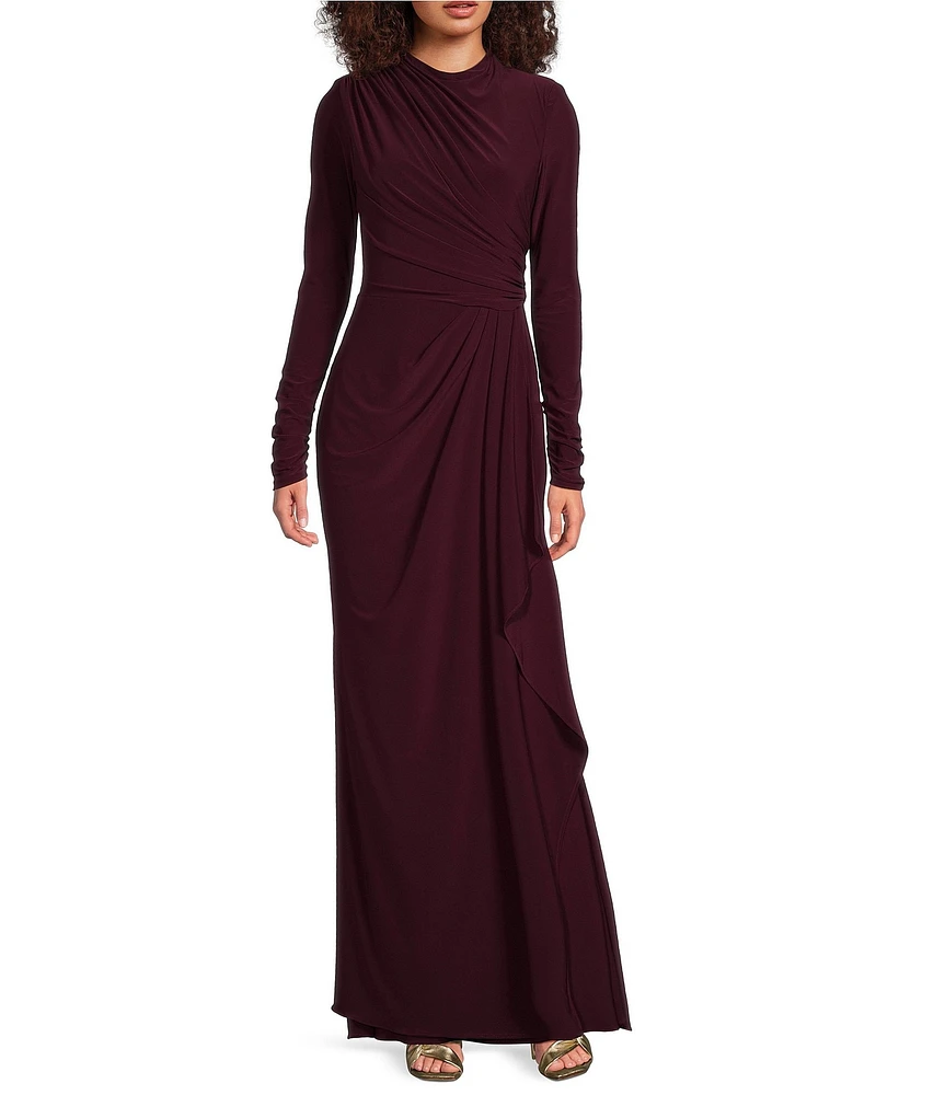 Betsy & Adam Stretch Jersey Side Drape Round Neck Long Sleeve Gown