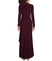 Betsy & Adam Stretch Jersey Side Drape Round Neck Long Sleeve Gown