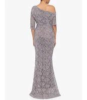 Betsy & Adam Stretch Lace Off the Shoulder 3/4 Sleeve Gown