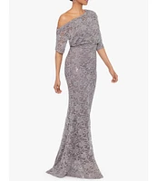 Betsy & Adam Stretch Lace Off the Shoulder 3/4 Sleeve Gown