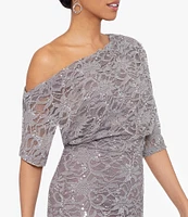 Betsy & Adam Stretch Lace Off the Shoulder 3/4 Sleeve Gown