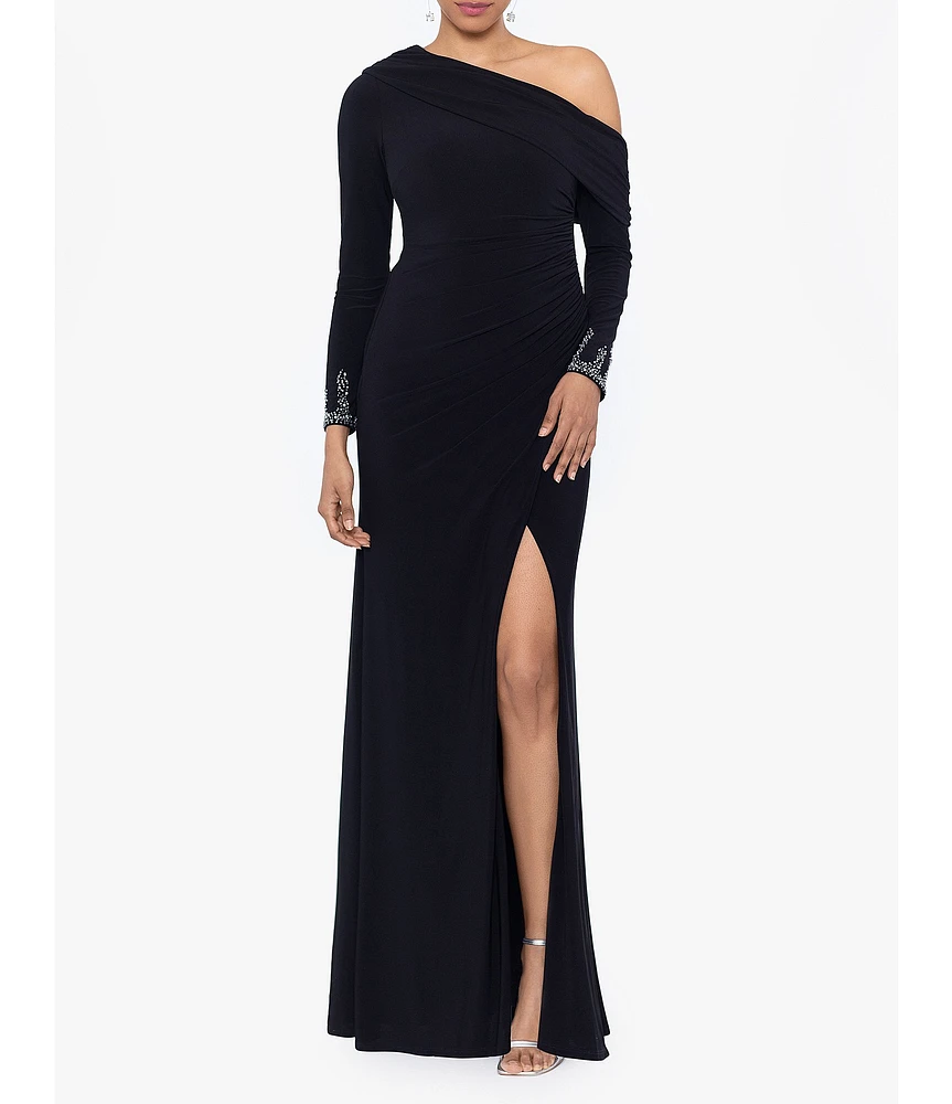 Betsy & Adam Stretch Off the Shoulder Long Sleeve Beaded Cuff Ruched Waist Gown