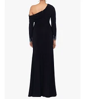 Betsy & Adam Stretch Off the Shoulder Long Sleeve Beaded Cuff Ruched Waist Gown