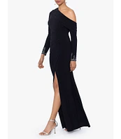 Betsy & Adam Stretch Off the Shoulder Long Sleeve Beaded Cuff Ruched Waist Gown