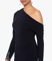 Betsy & Adam Stretch Off the Shoulder Long Sleeve Beaded Cuff Ruched Waist Gown