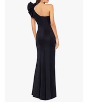 Betsy & Adam Stretch One Flutter Shoulder Mermaid Gown