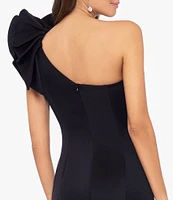 Betsy & Adam Stretch One Flutter Shoulder Mermaid Gown