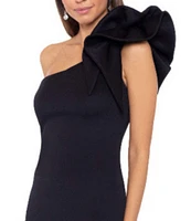Betsy & Adam Stretch One Flutter Shoulder Mermaid Gown