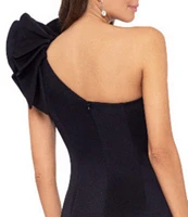 Betsy & Adam Stretch One Flutter Shoulder Mermaid Gown