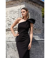 Betsy & Adam Stretch One Flutter Shoulder Mermaid Gown