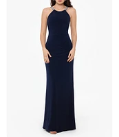 Betsy & Adam Stretch Rhinestone Strap Halter Neck Sleeveless Gown