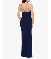 Betsy & Adam Stretch Rhinestone Strap Halter Neck Sleeveless Gown