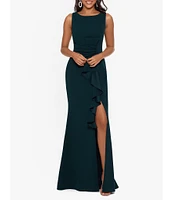 Betsy & Adam Stretch Scuba Crepe Boat Neck Sleeveless Cascading Ruffle Gown