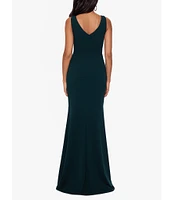 Betsy & Adam Stretch Scuba Crepe Boat Neck Sleeveless Cascading Ruffle Gown