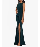 Betsy & Adam Stretch Scuba Crepe Boat Neck Sleeveless Cascading Ruffle Gown