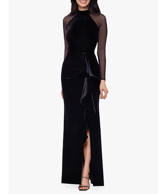 Betsy & Adam Stretch Velvet Mock Neck Long Illusion Sleeve Gown