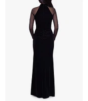 Betsy & Adam Stretch Velvet Mock Neck Long Illusion Sleeve Gown