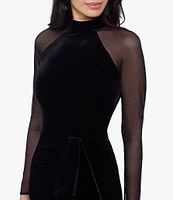 Betsy & Adam Stretch Velvet Mock Neck Long Illusion Sleeve Gown