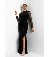 Betsy & Adam Stretch Velvet Mock Neck Long Illusion Sleeve Gown