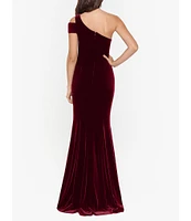 Betsy & Adam Stretch Velvet One Shoulder Gown