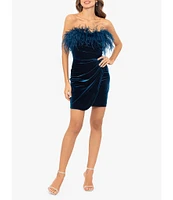 Betsy & Adam Stretch Velvet Strapless Feather Trim Ruched Dress