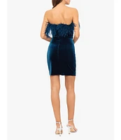 Betsy & Adam Stretch Velvet Strapless Feather Trim Ruched Dress