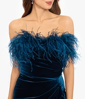 Betsy & Adam Stretch Velvet Strapless Feather Trim Ruched Dress