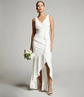 Betsy & Adam Sleeveless V-Neck Spiral Ruffle Cascade Gown