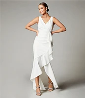 Betsy & Adam Sleeveless V-Neck Spiral Ruffle Cascade Gown