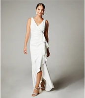 Betsy & Adam Sleeveless V-Neck Spiral Ruffle Cascade Gown