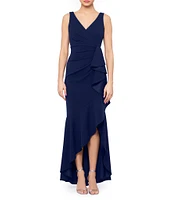 Betsy & Adam Sleeveless V-Neck Spiral Ruffle Cascade Gown