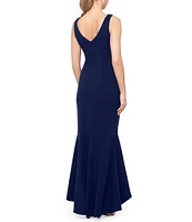 Betsy & Adam Sleeveless V-Neck Spiral Ruffle Cascade Gown