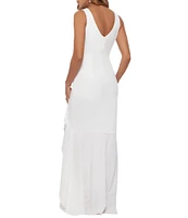 Betsy & Adam Sleeveless V-Neck Spiral Ruffle Cascade Gown