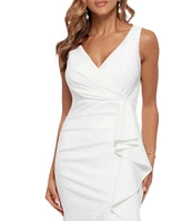 Betsy & Adam Sleeveless V-Neck Spiral Ruffle Cascade Gown