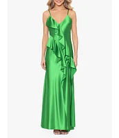 Betsy & Adam V Neckline Sleeveless Cascading Ruffle Gown