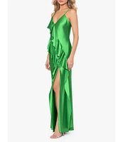 Betsy & Adam V Neckline Sleeveless Cascading Ruffle Gown