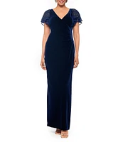 Betsy & Adam Velvet V-Neck Beaded Short Flutter Sleeve Side Ruched Sheath Dress