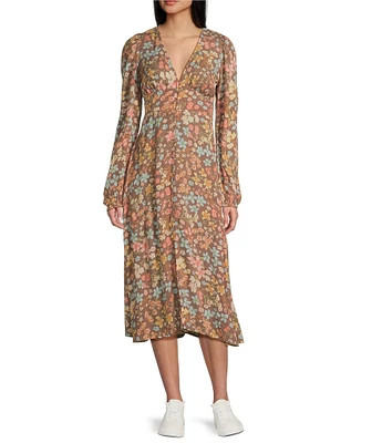 Billabong Cool Nights Floral Printed Long Sleeve Crinkle Midi Dress