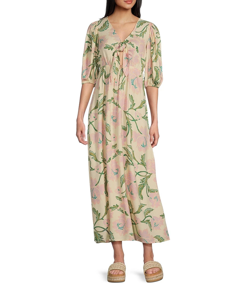 Billabong Night Fall Puff Sleeve Tie Front Floral Printed Maxi Dress