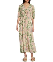 Billabong Night Fall Puff Sleeve Tie Front Floral Printed Maxi Dress