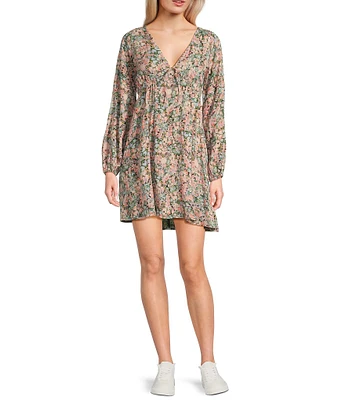 Billabong Star Fall Ditsy Floral Print Long Sleeve Mini Dress