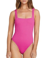 Billabong Summer High Solid Smocked Texture Square Neck High Leg One Piece Swimsuit