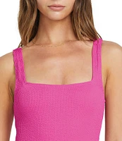 Billabong Summer High Solid Smocked Texture Square Neck High Leg One Piece Swimsuit