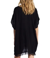Billabong Walk Away Crinkled Striped V-Neck Fringe Swim Cover-Up Dress